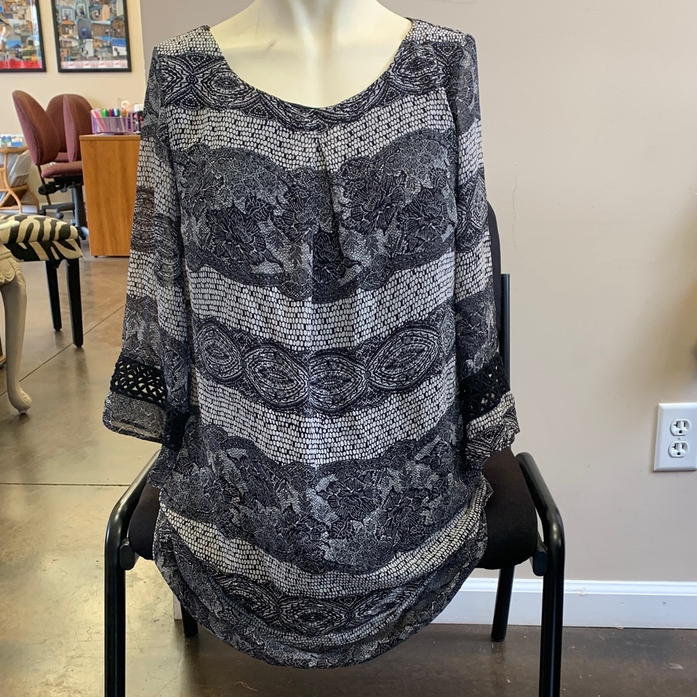 Enfocus Studio Black & White Patterned Midi Dress with Sheer Sleeves